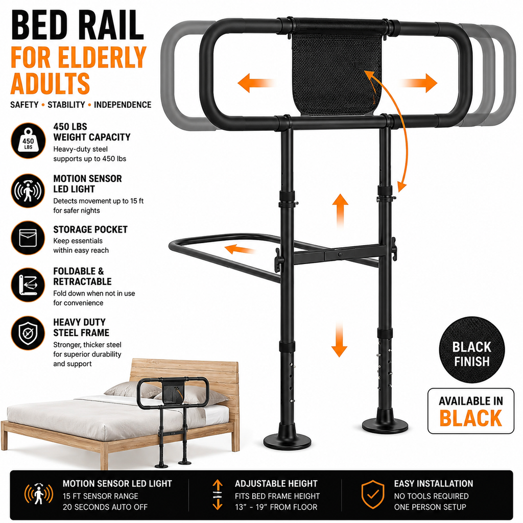 Zelvia Bed Rail for Elderly Adults Motion Sensor LED Foldable Safety Rail 450 lb Black