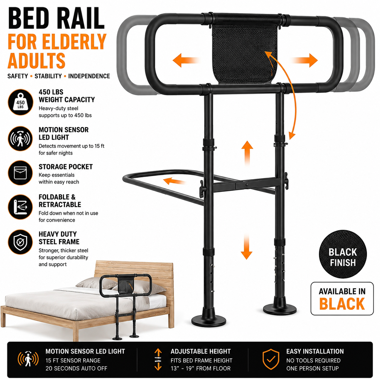 Zelvia Bed Rail for Elderly Adults Motion Sensor LED Foldable Safety Rail 450 lb Black