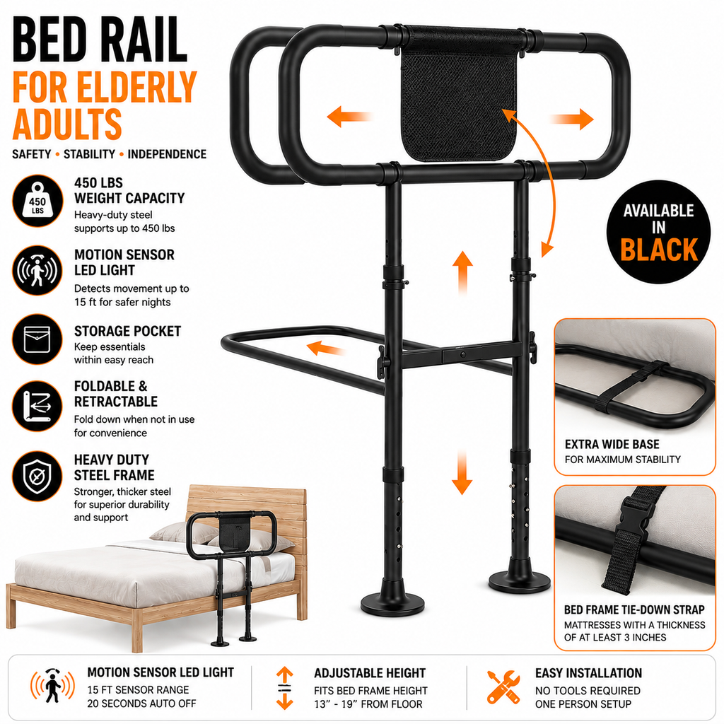 Zelvia Bed Rail for Elderly Adults Motion Sensor LED Foldable Safety Rail 450 lb Black