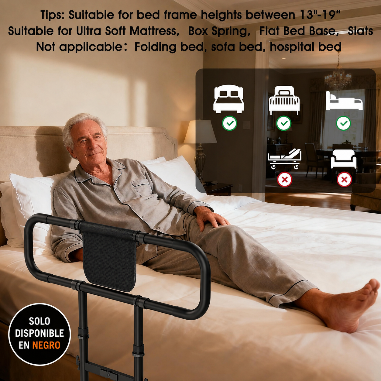 Zelvia Bed Rail for Elderly Adults Motion Sensor LED Foldable Safety Rail 450 lb Black