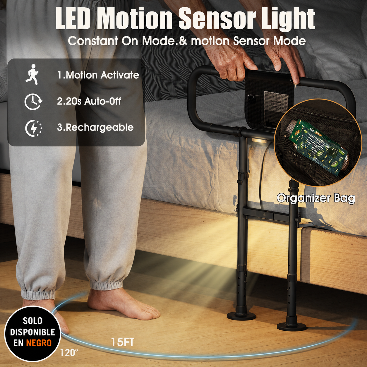 Zelvia Bed Rail for Elderly Adults Motion Sensor LED Foldable Safety Rail 450 lb Black