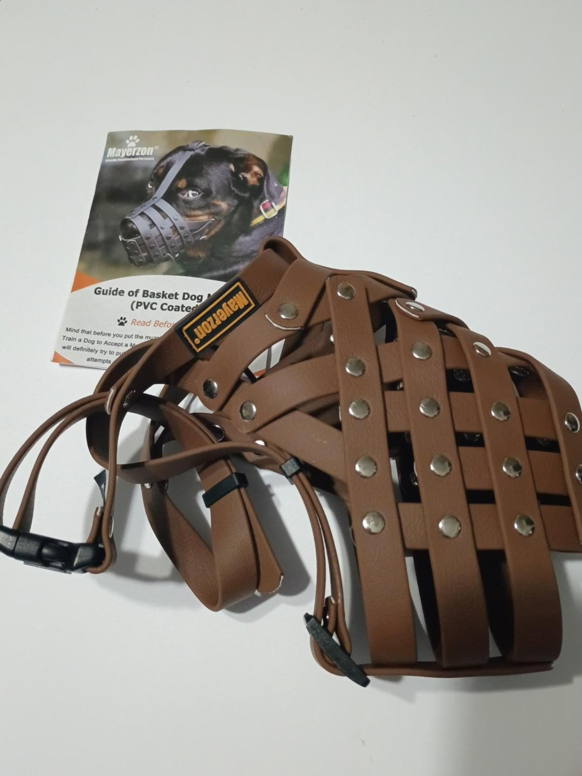 Mayerzon Pitbull Dog Muzzle Large Brown PVC Basket Muzzle Adjustable Anti-Bite