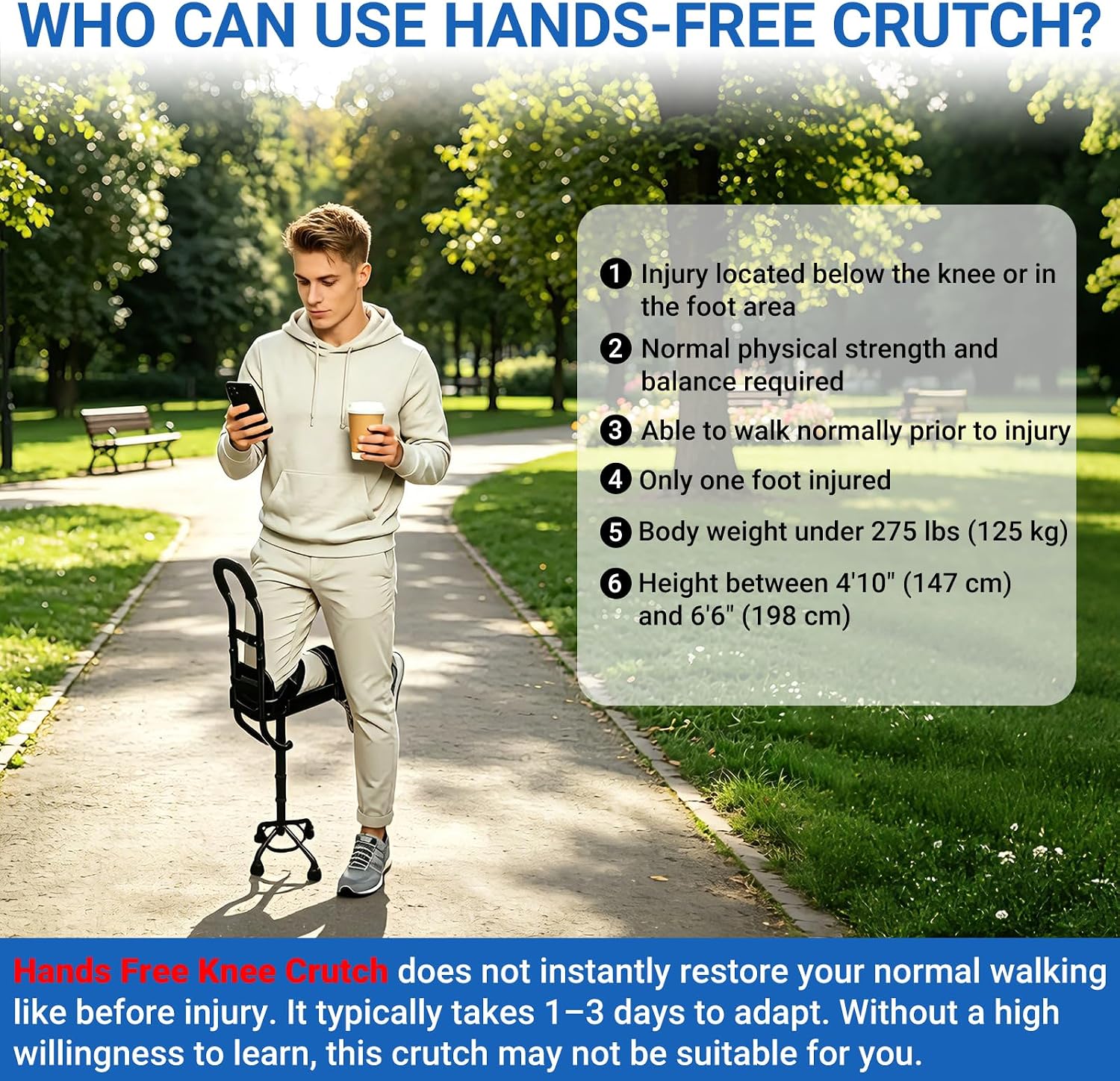 BYIECLD Hands Free Knee Crutch Adjustable Mobility Support Left & Right Leg 275 lb