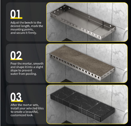 Wangzozo Floating Shower Bench 34.5-62" Adjustable Wall Mounted Seat Silver