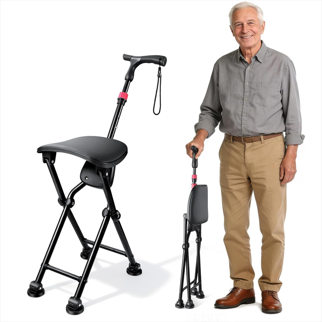 HZZEDNG Folding Cane with Seat 4-Leg Walking Stick Chair Adjustable 400lb Black M