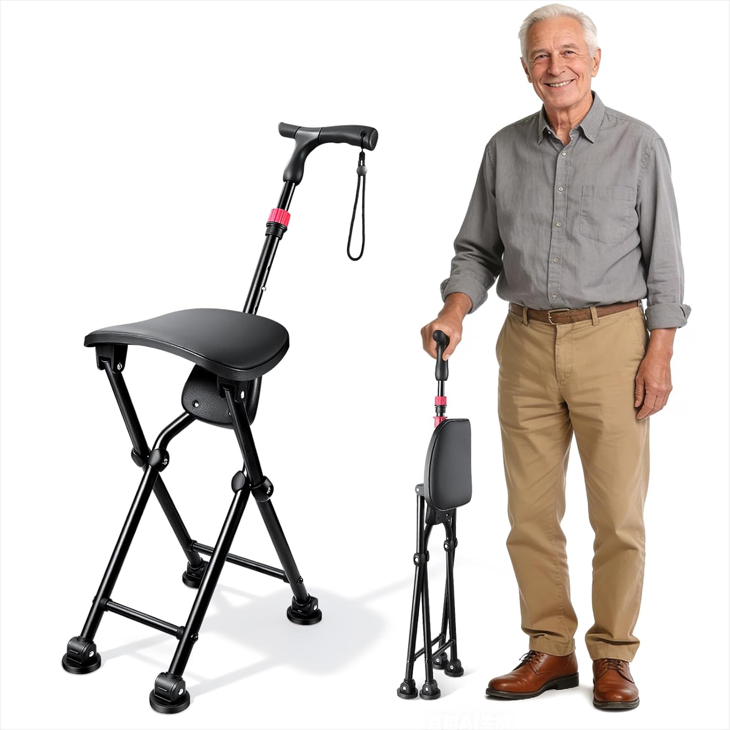 HZZEDNG Folding Cane with Seat 4-Leg Walking Stick Chair Adjustable 400lb Black M