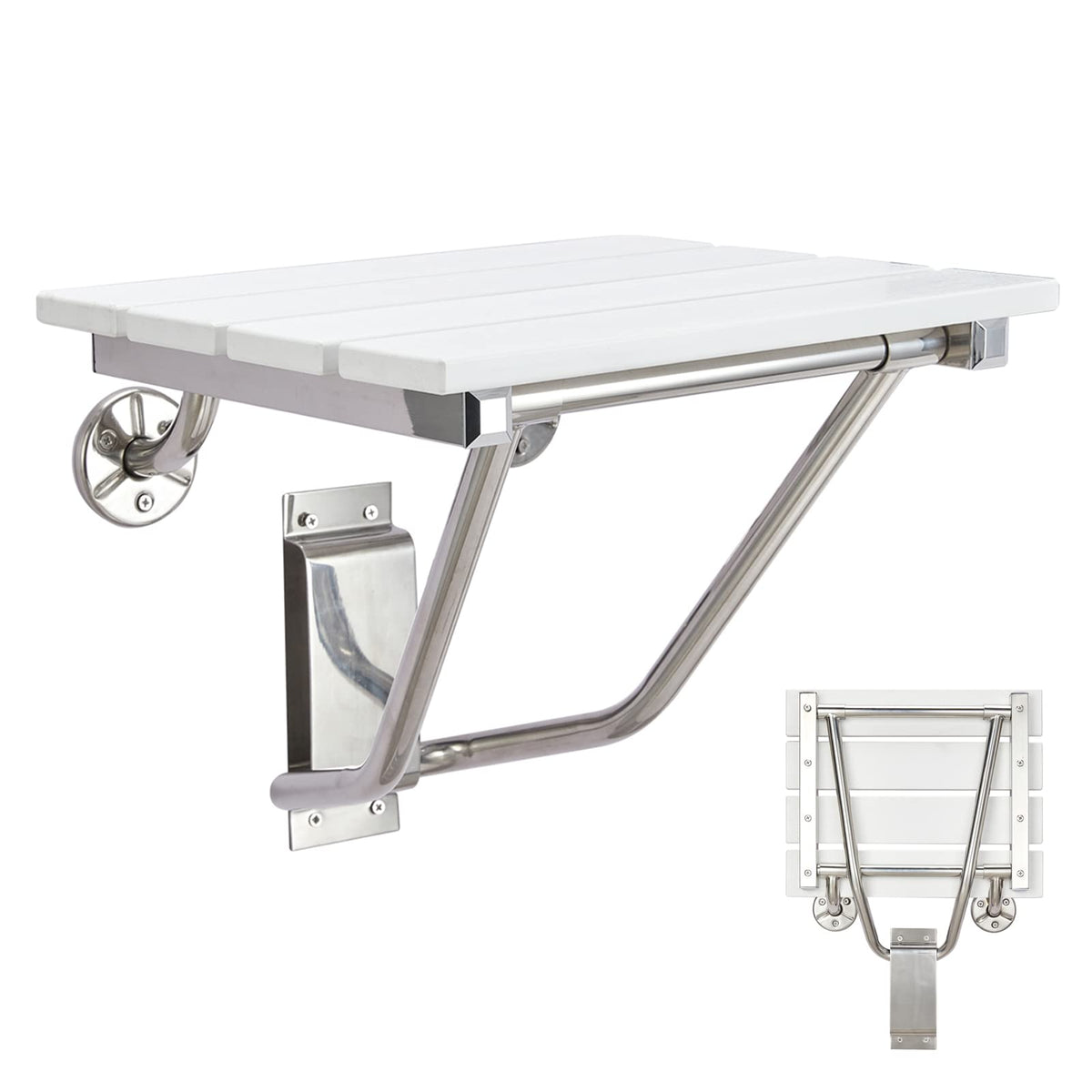 LingEverFT Wall Mounted Folding Shower Seat Bench 350lb White Plastic Wood