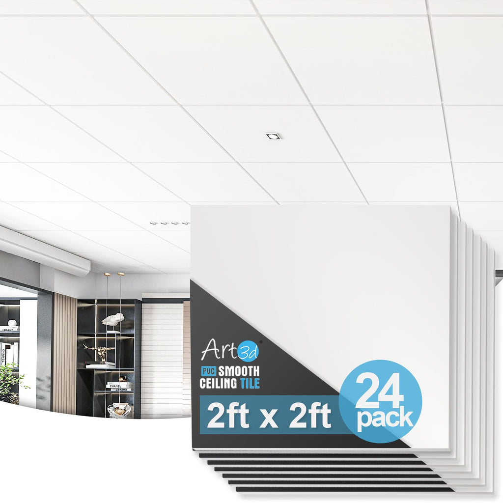 Art3d 24-Pack 2x2 PVC Drop Ceiling Tiles White Waterproof 96 Sq Ft