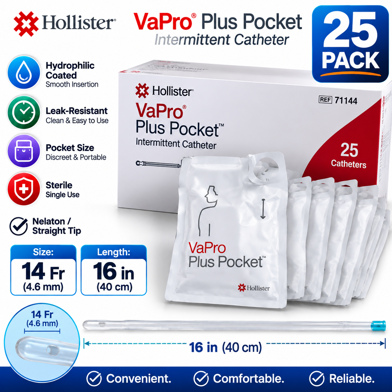 Hollister VaPro Plus Pocket Catheter 14Fr 16" 40cm Sterile 25 Pack REF 71144