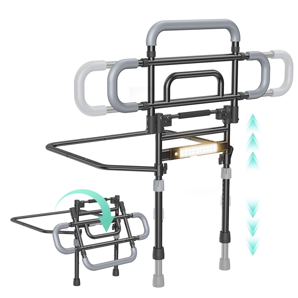 Barleyear Foldable Bed Rail Elderly 350 lb Adjustable LED Light Black