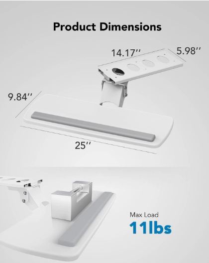 HUANUO Adjustable Under Desk Keyboard Tray 25" x 9.84" – Full Motion Swivel & Tilt, White