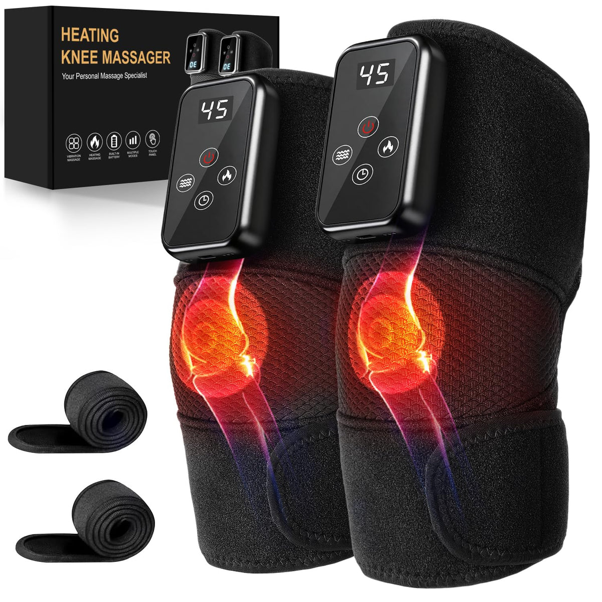 LEERCON Cordless Heated Knee Massager – Black Pair – 6 Heat Levels & 9 Vibration Modes
