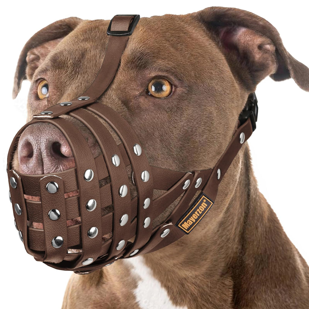 Mayerzon Pitbull Dog Muzzle Large Brown PVC Basket Muzzle Adjustable Anti-Bite