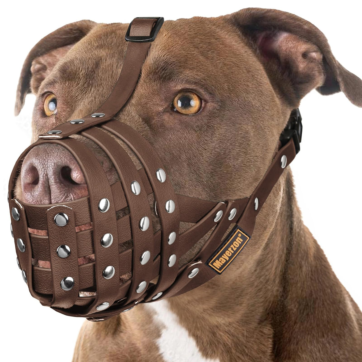 Mayerzon Pitbull Dog Muzzle Large Brown PVC Basket Muzzle Adjustable Anti-Bite
