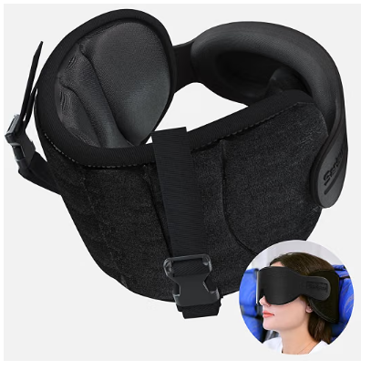 SARISUN Travel Pillow Head Strap w/ Eye Mask Airplane Neck Support Black