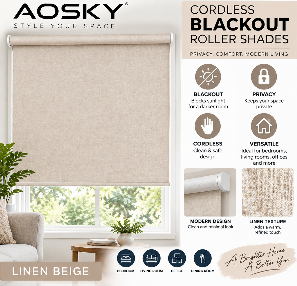 AOSKY Cordless Blackout Roller Shades Linen Beige – Window Blinds