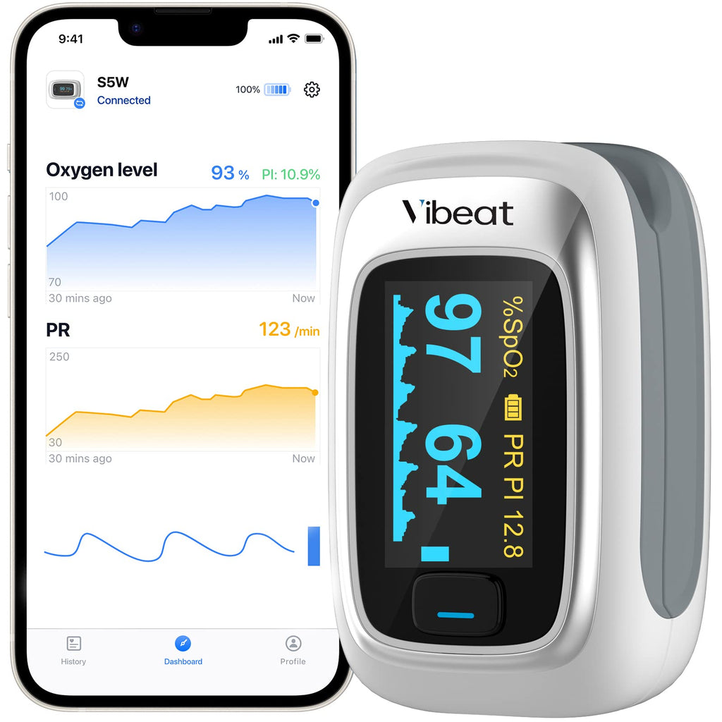 Vibeat Bluetooth Fingertip Pulse Oximeter Blood Oxygen SpO2 & Pulse Rate Monitor with Free App