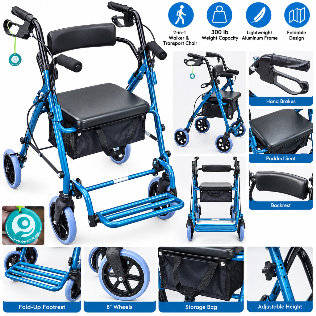 DeepTireh HY8500L 2-in-1 Rollator Walker Transport Chair Seat 300 lb Blue
