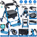 DeepTireh HY8500L 2-in-1 Rollator Walker Transport Chair Seat 300 lb Blue