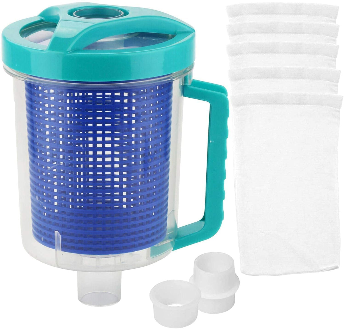 BeadChica Pool Leaf Catcher Canister Blue w/ Mesh Basket & 5 Skimmer Socks