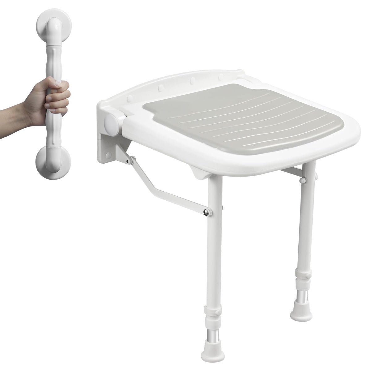 Caredear Wall Mounted Folding Shower Seat w/ Grab Bar 550lb Adjustable White
