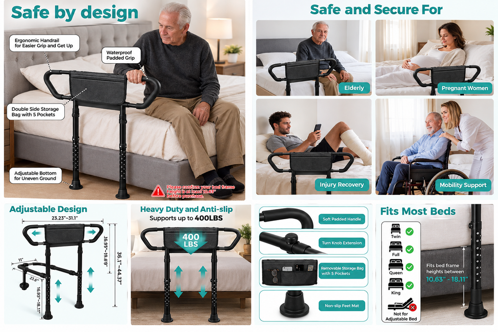FullWoyi Bed Rail for Elderly 400lb Adjustable Bed Assist Handle Safety Rail