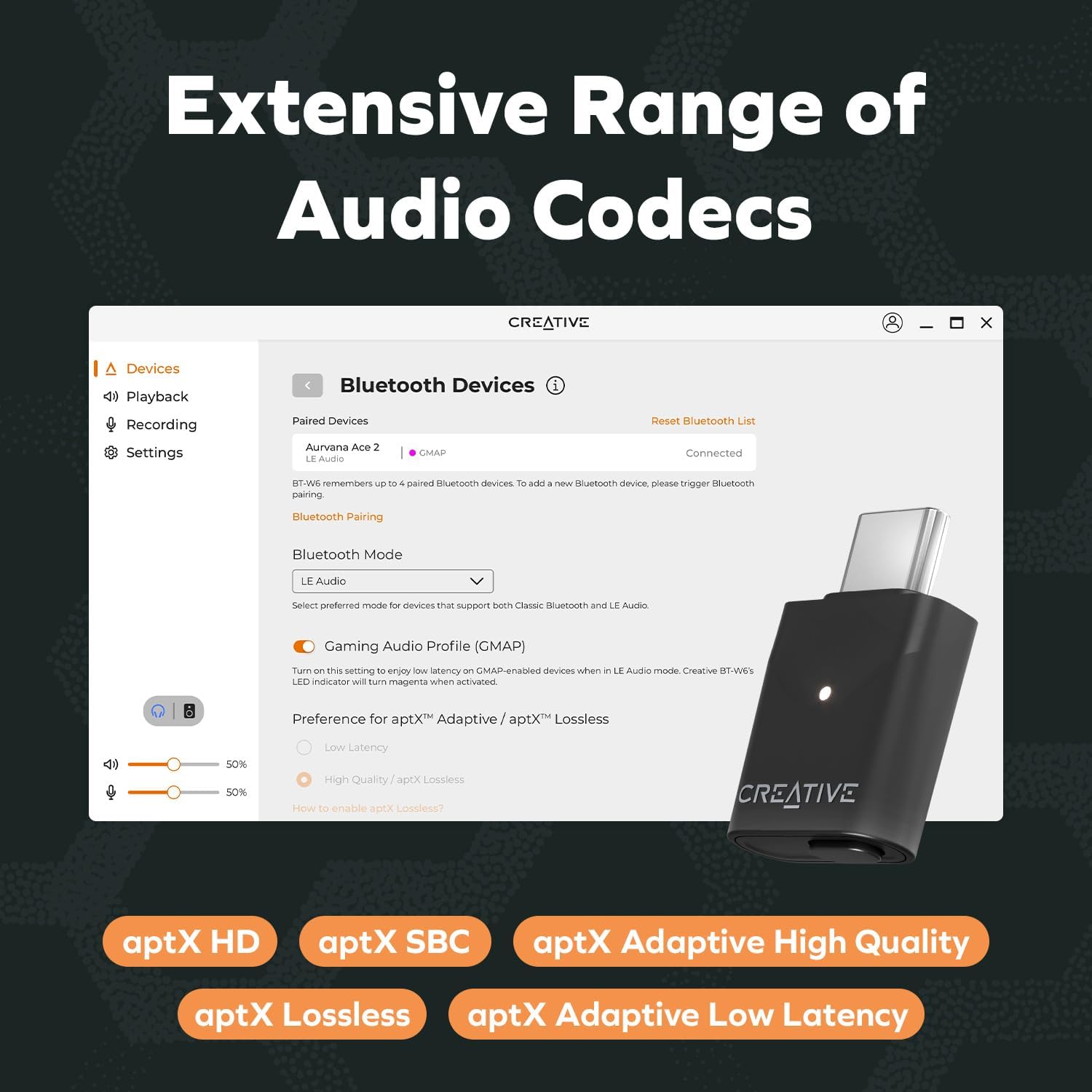 Creative BT-W6 Bluetooth 5.4 LE Audio USB-C Transmitter aptX Lossless PC PS5 Mac