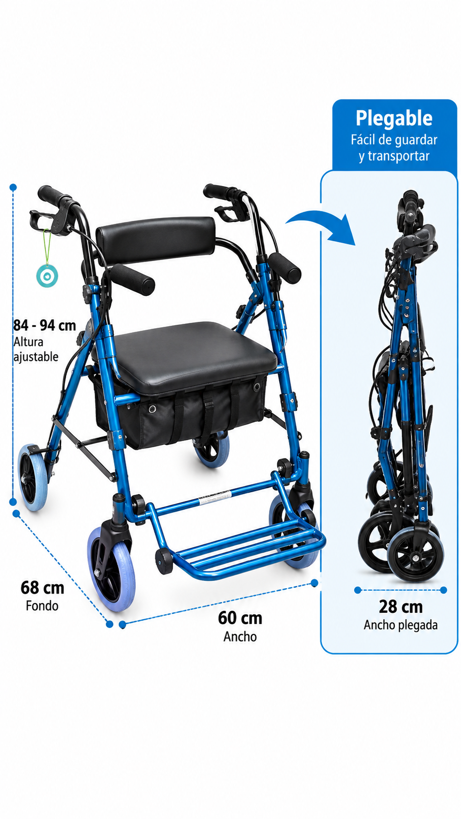 DeepTireh HY8500L 2-in-1 Rollator Walker Transport Chair Seat 300 lb Blue