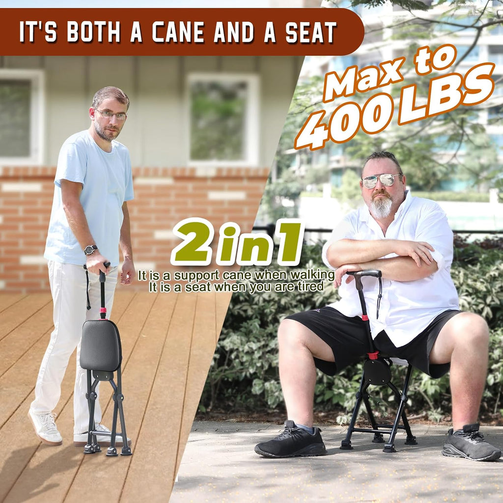 HZZEDNG Folding Cane with Seat 4-Leg Walking Stick Chair Adjustable 400lb Black M