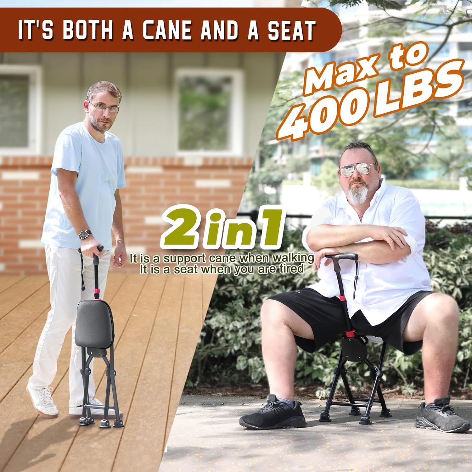 HZZEDNG Folding Cane with Seat 4-Leg Walking Stick Chair Adjustable 400lb Black M