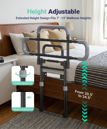 Barleyear Foldable Bed Rail Elderly 350 lb Adjustable LED Light Black