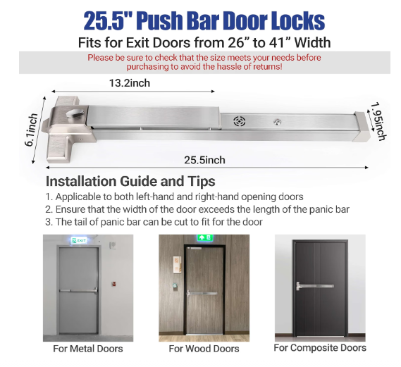 Hawaminent 304 Stainless Steel Panic Bar Exit Device 26-41" Door w/ Lever
