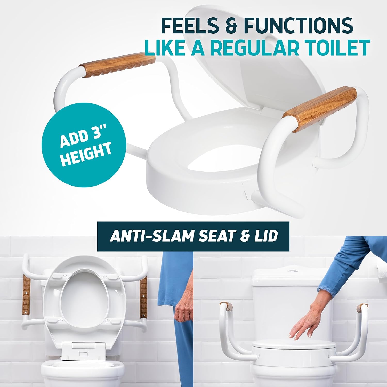 Lunderg Solva Raised Toilet Seat with Handles Round 3" Toilet Seat Riser Soft Close White