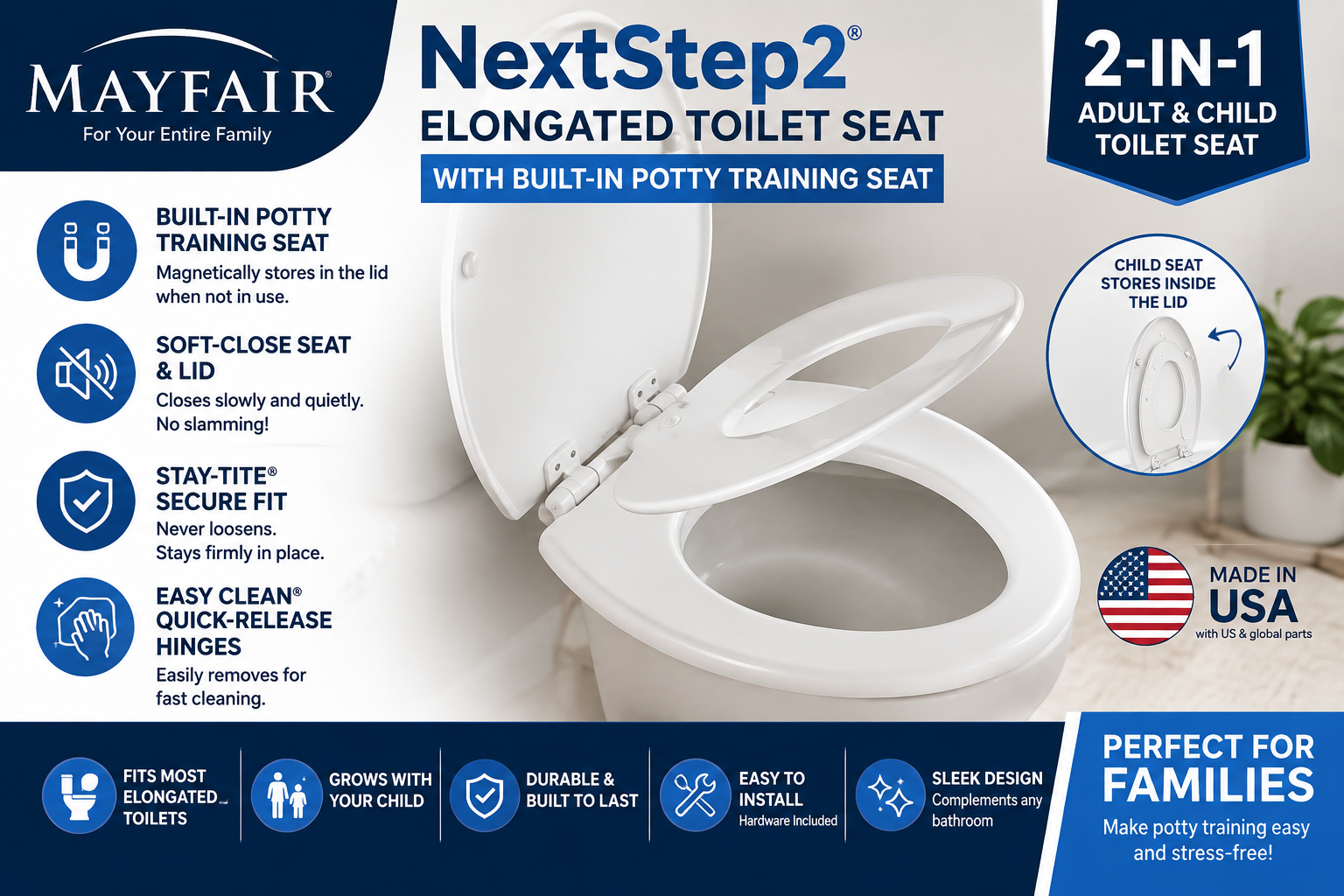 Mayfair NextStep2 Elongated Toilet Seat with Built-In Toddler Potty Training Seat Soft Close White