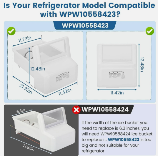 ALVAR WPW10558423 Ice Bucket Assembly for Whirlpool Kenmore Maytag Amana