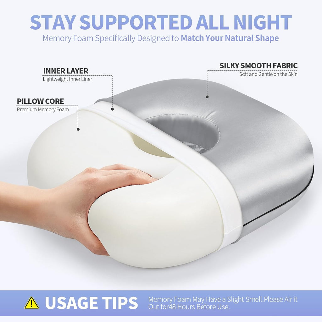 SWAYCY Memory Foam Ear Hole Pillow for Side Sleepers | Orthopedic Ear Protection Pillow | Gray Silk | Pressure Relief