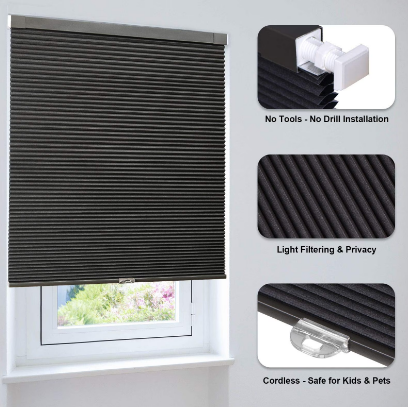 LazBlinds No Drill Cordless Cellular Shades – BLACK – Blackout Honeycomb Window Blinds