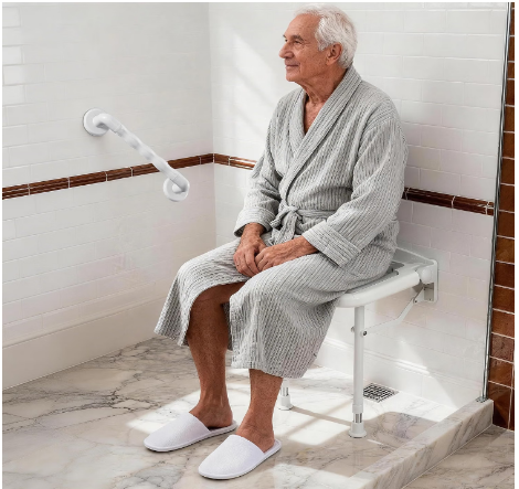 Caredear Wall Mounted Folding Shower Seat w/ Grab Bar 550lb Adjustable White