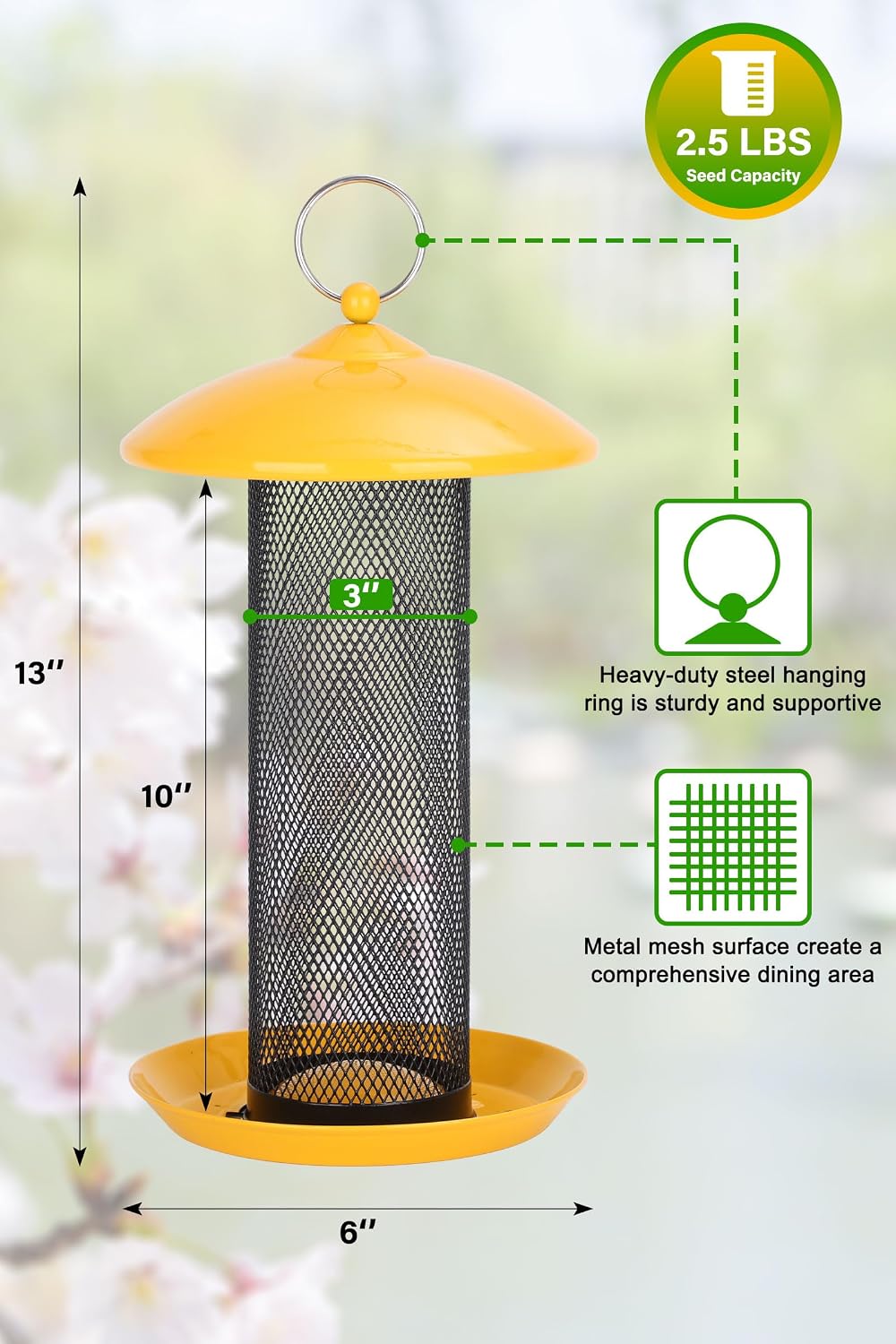 Kingsyard Finch Feeders For Outdoors Hanging, Metal Mesh Tube Bird Feeder For Nyjer/Thistle Seed, 2.5 Lbs Large Capacity (Yellow)