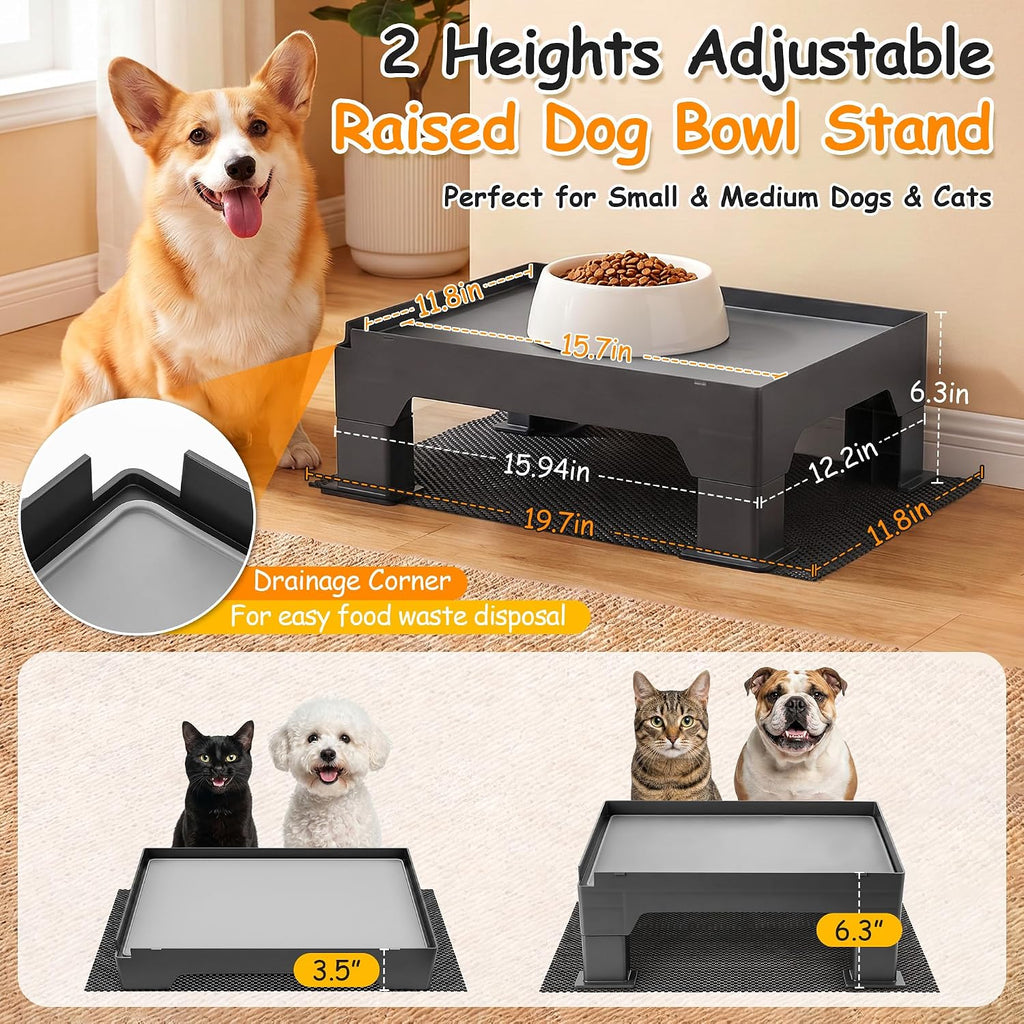 Dreyoo Adjustable Elevated Dog Bowl Stand Gray Waterproof Food Mat 2 Heights