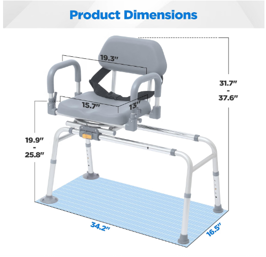PIDOSO Sliding Shower Chair 360° Swivel Tub Transfer Bench Gray 240 lb