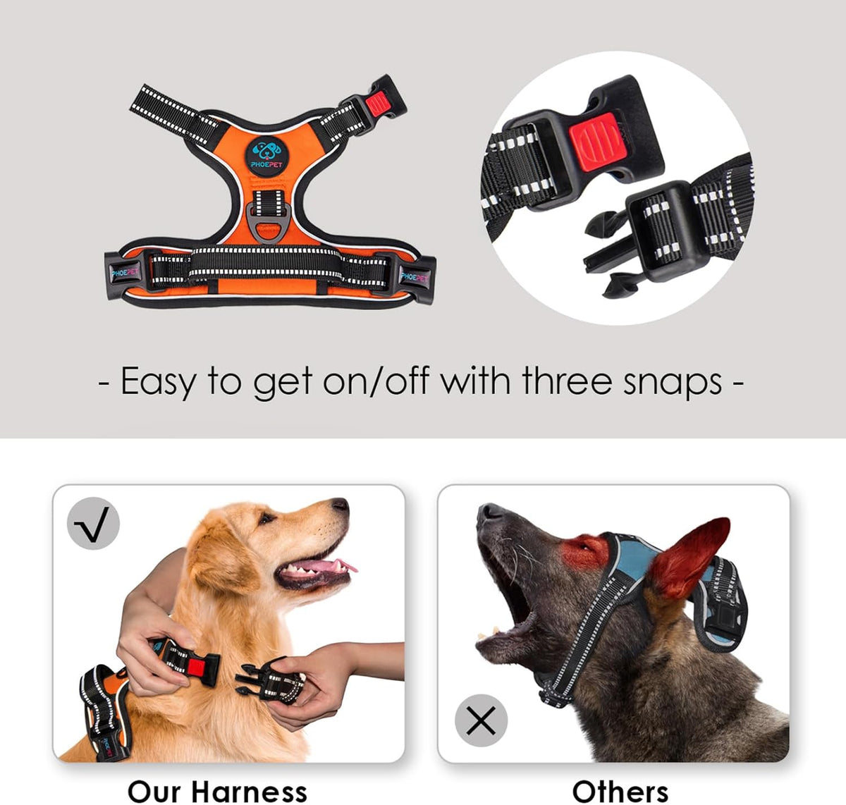PHOEPET No Pull Dog Harness Orange Reflective Adjustable Comfortable S – M – L - XL