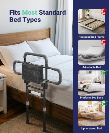 Barleyear Foldable Bed Rail Elderly 350 lb Adjustable LED Light Black
