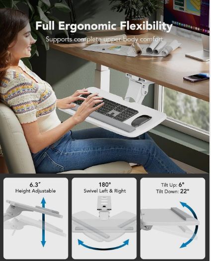 HUANUO Adjustable Under Desk Keyboard Tray 25" x 9.84" – Full Motion Swivel & Tilt, White