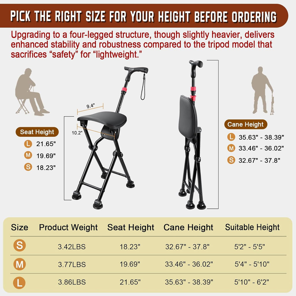 HZZEDNG Folding Cane with Seat 4-Leg Walking Stick Chair Adjustable 400lb Black M