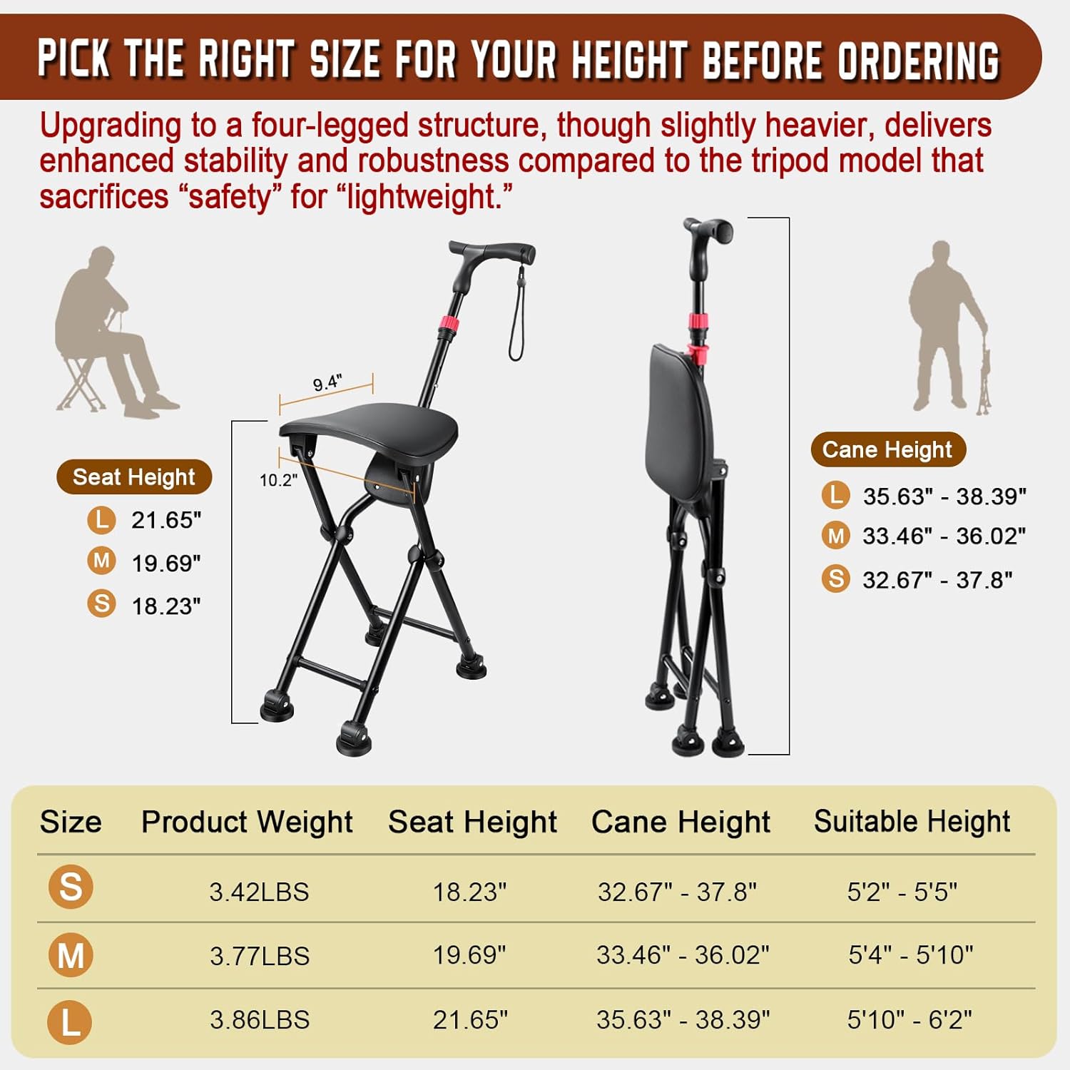 HZZEDNG Folding Cane with Seat 4-Leg Walking Stick Chair Adjustable 400lb Black M