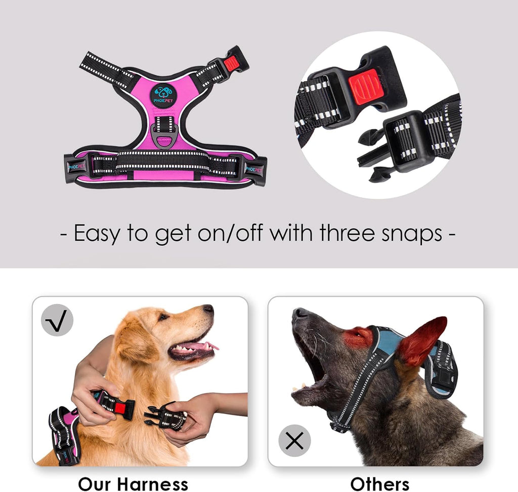 PHOEPET No Pull Dog Harness Pink Reflective Adjustable Small Medium Large XL