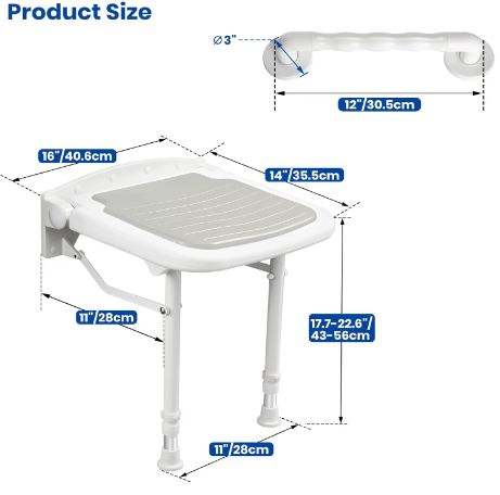 Caredear Wall Mounted Folding Shower Seat w/ Grab Bar 550lb Adjustable White