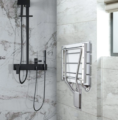 LingEverFT Wall Mounted Folding Shower Seat Bench 350lb White Plastic Wood