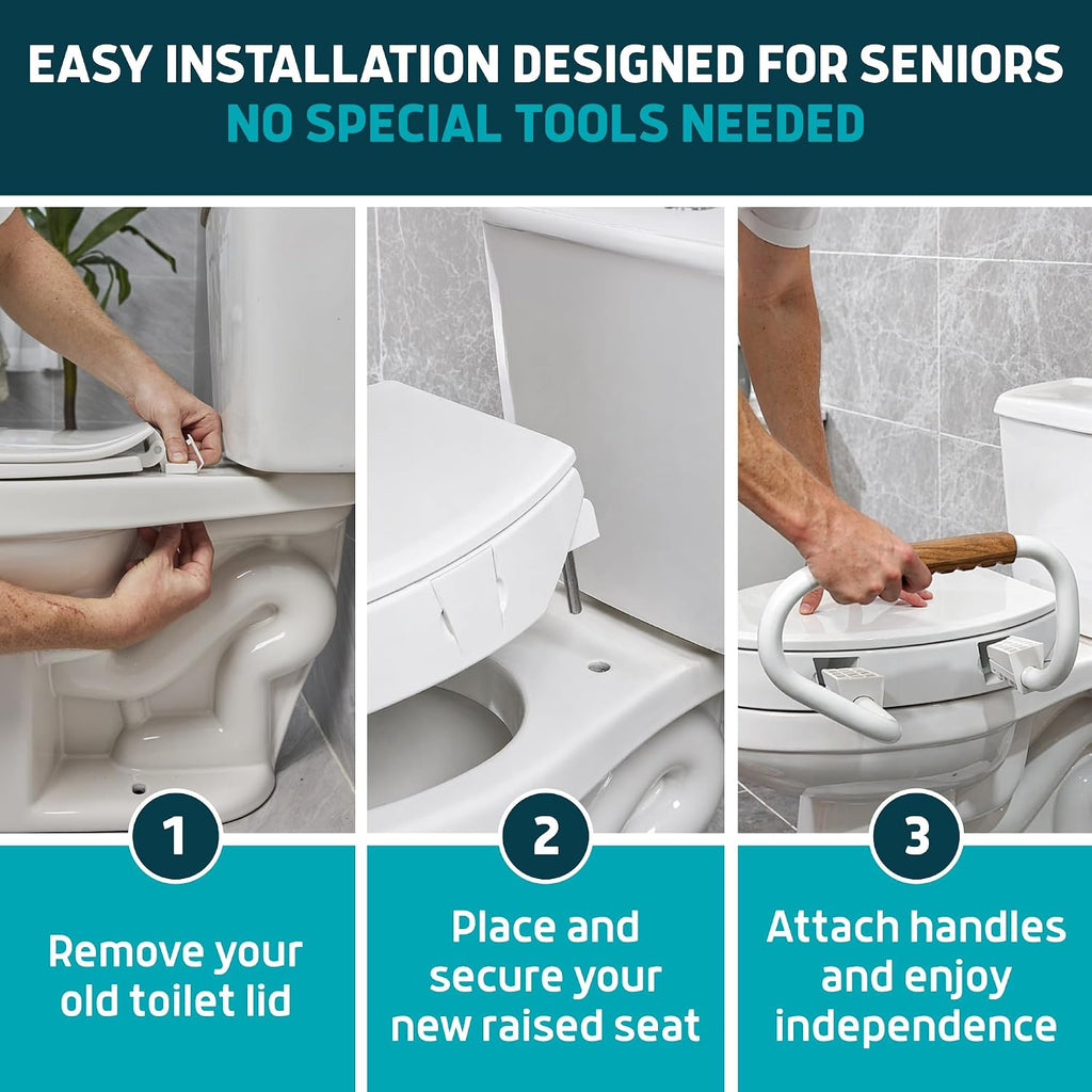 Lunderg Solva Raised Toilet Seat with Handles Round 3" Toilet Seat Riser Soft Close White